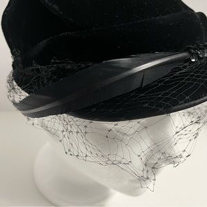 VINTAGE Velour black hat with feather sequins & netting wedding high tea church